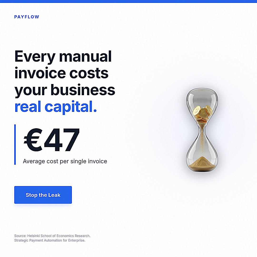 LinkedIn ad for a fintech B2B payments company. Deep navy background, gold typog